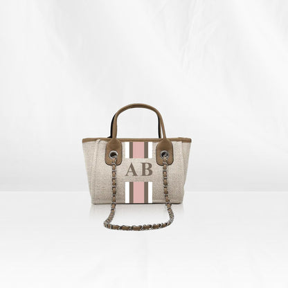 Beige Mini Canvas Tote with Pink, Brown, White Stripes