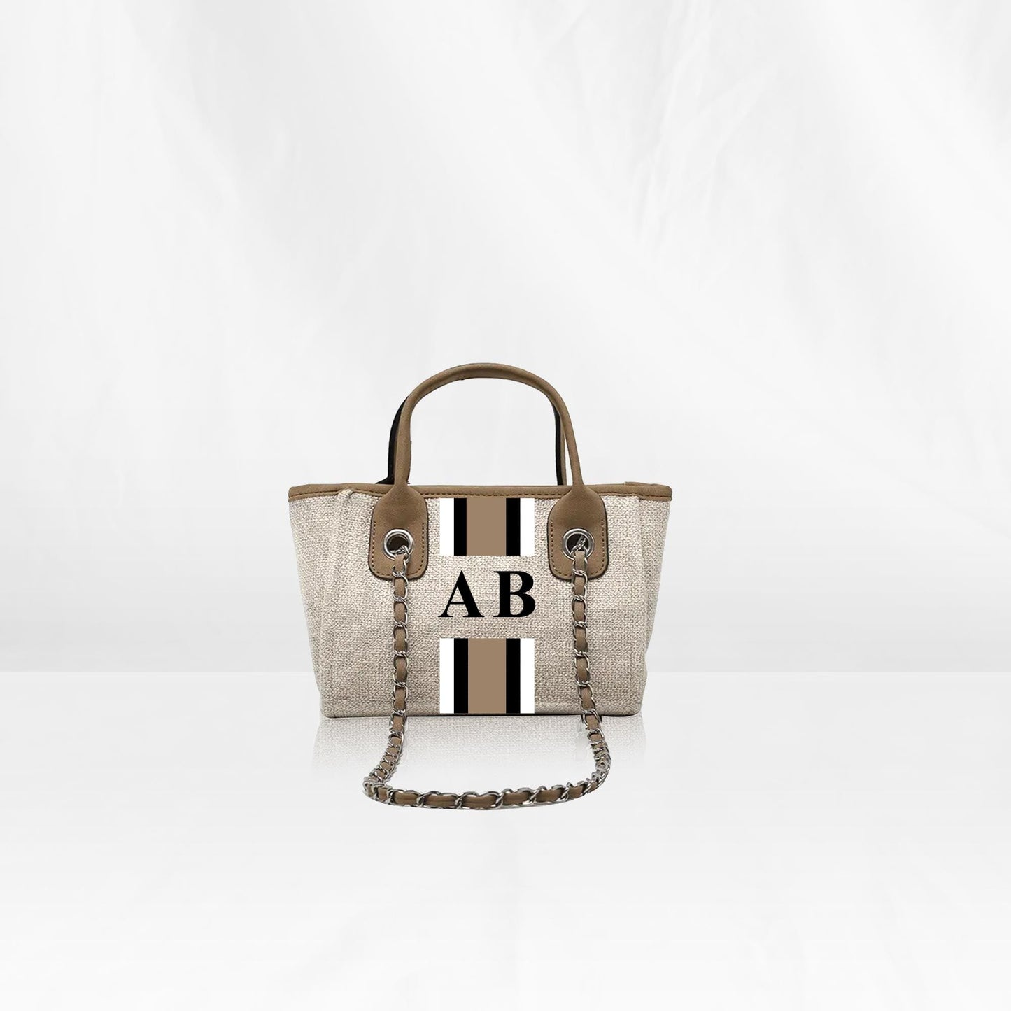 Beige Mini Canvas Tote with Brown, Grey, White Stripes