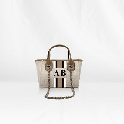 Beige Mini Canvas Tote with Brown, Grey, White Stripes