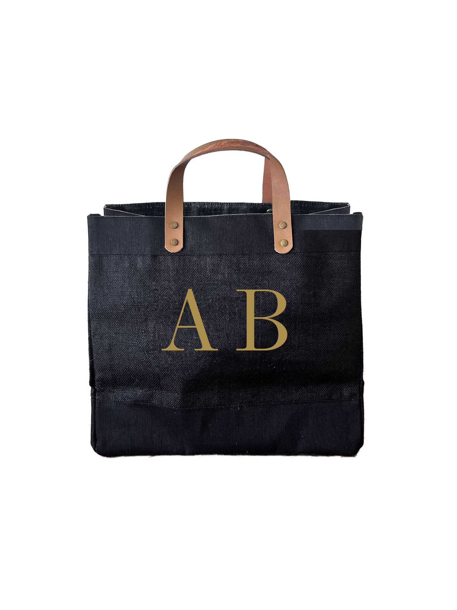 Black Jute Market Bag with leather handles and big initials - Personalised Gift for Her