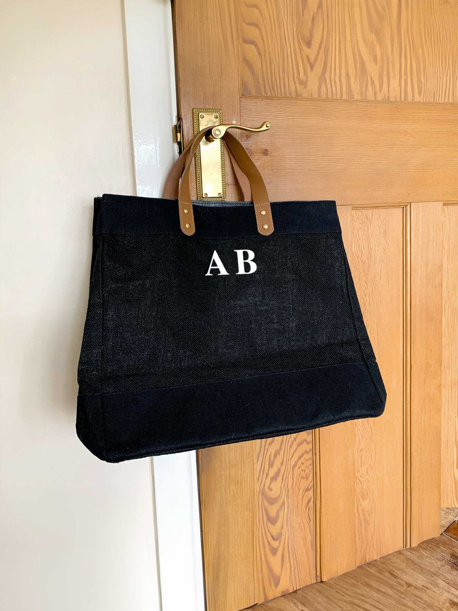 Black Jute Market Bag with leather handles and small initials - Personalised Gift for Her