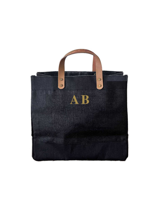 Black Jute Market Bag with leather handles and small initials - Personalised Gift for Her