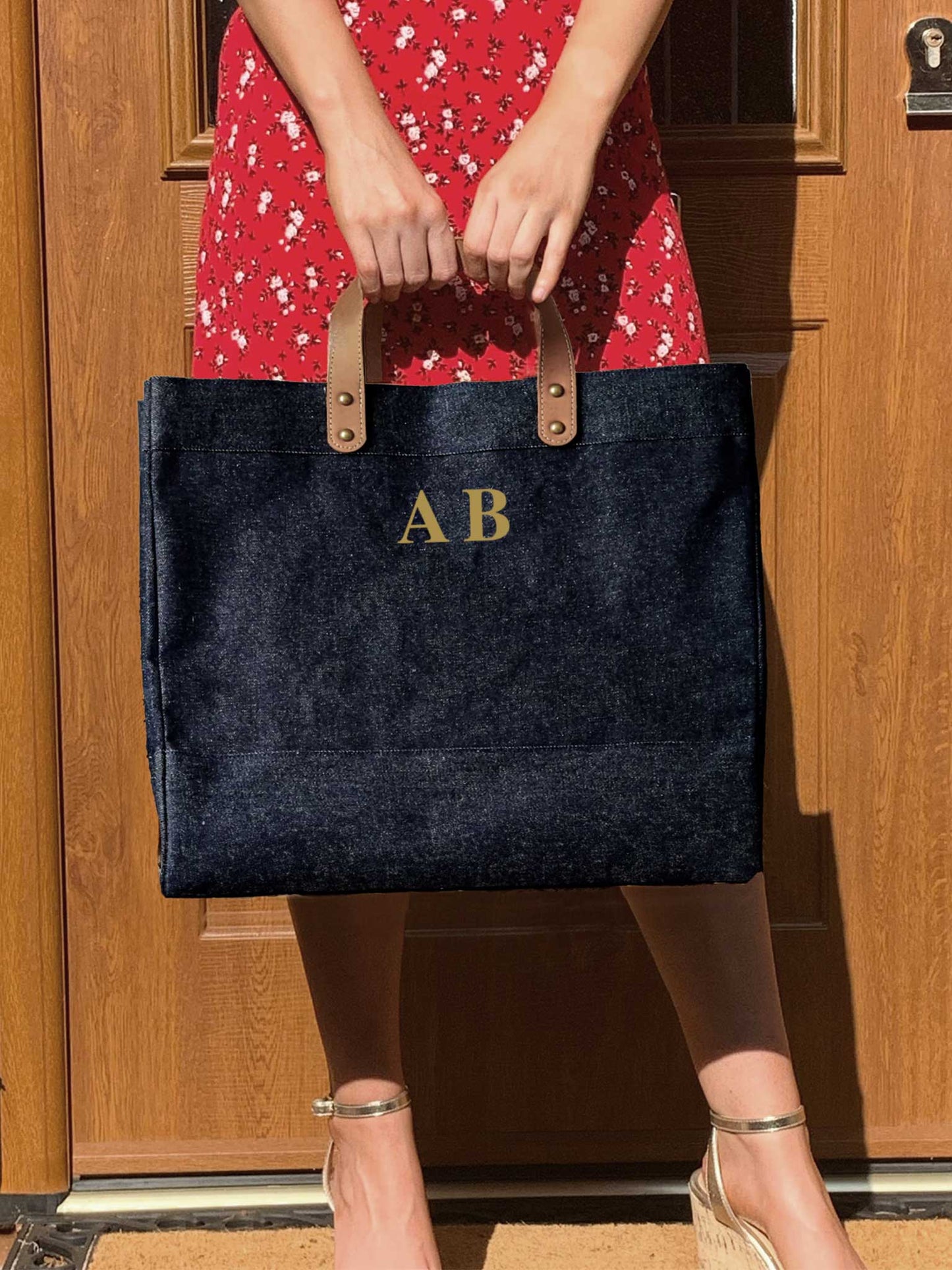 Denim Jute Market Bag with leather handles and gold initials - Personalised Gift for Her