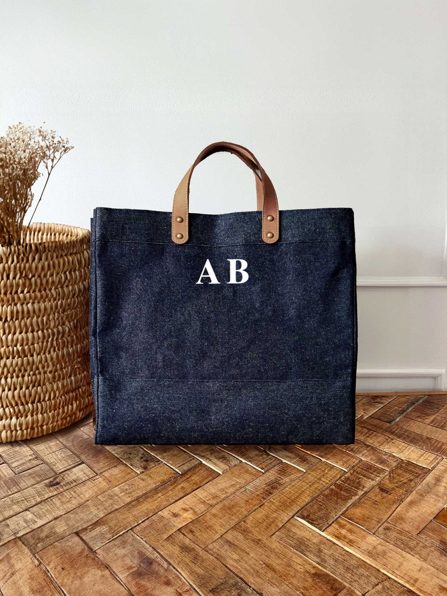 Denim Jute Market Bag with leather handles and small initials - Personalised Gift for Her