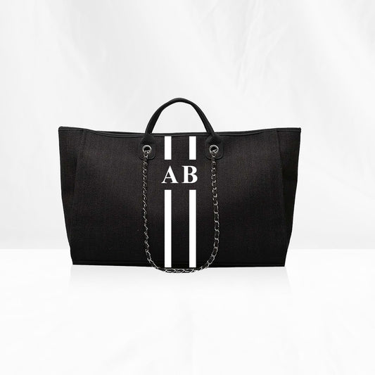 Black Maxi Canvas Tote with White Stripes