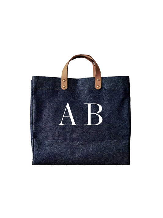 Denim Market Tote Bag with leather handles and big initials - Personalised Gift for Her