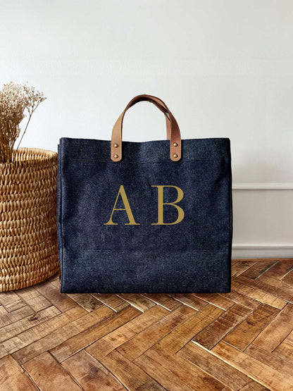Denim Market Tote Bag with leather handles and large gold initials - Personalised Gift for Her
