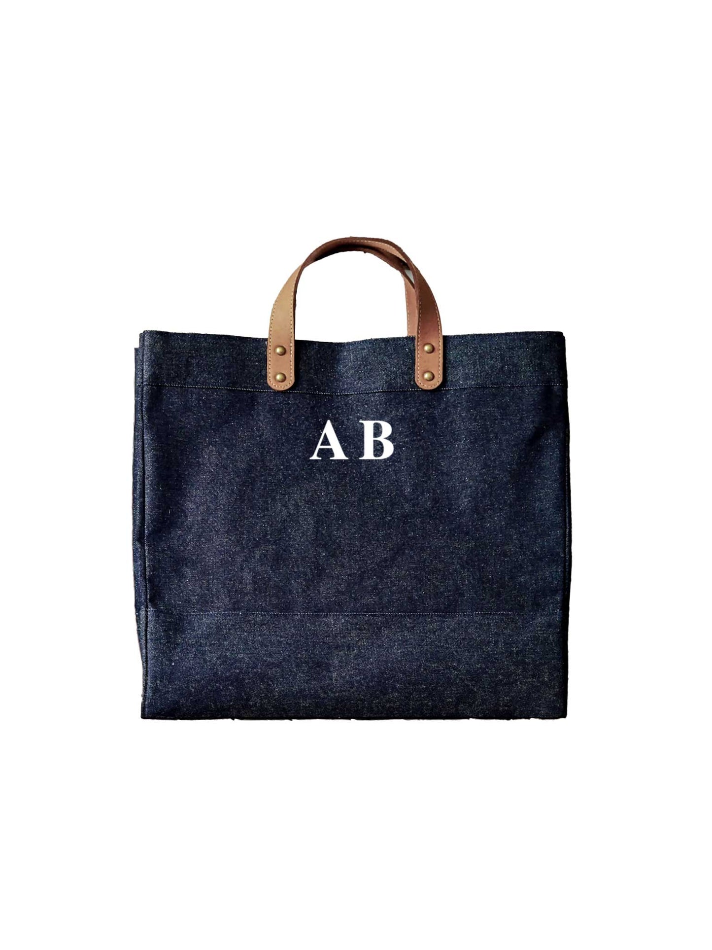 Denim Jute Market Bag with leather handles and small initials - Personalised Gift for Her