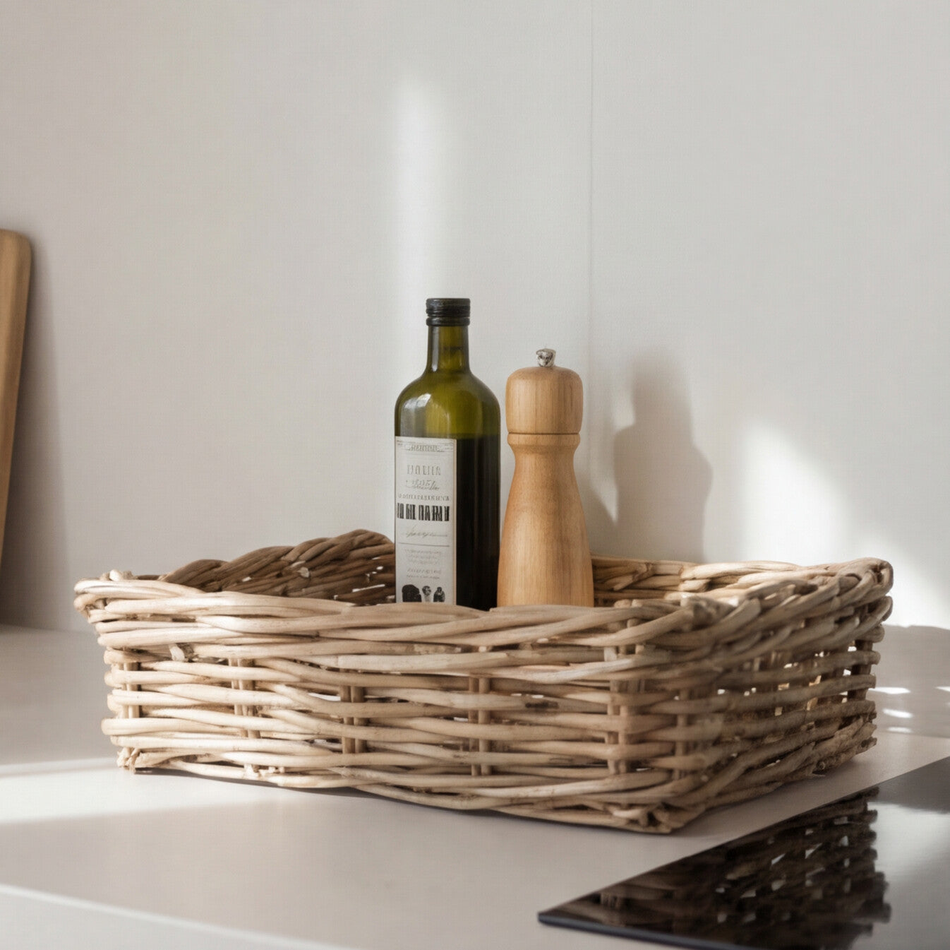 shallow rectangle wicker storage basket tray