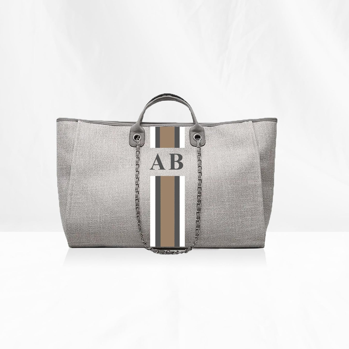 Grey Maxi Canvas Tote with Beige, Grey, White Stripes