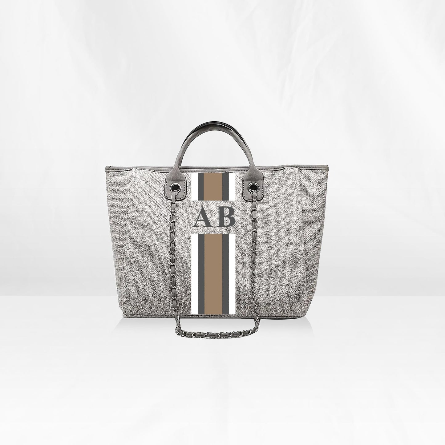 Grey Midi Canvas Tote with Beige, Grey, White Stripes