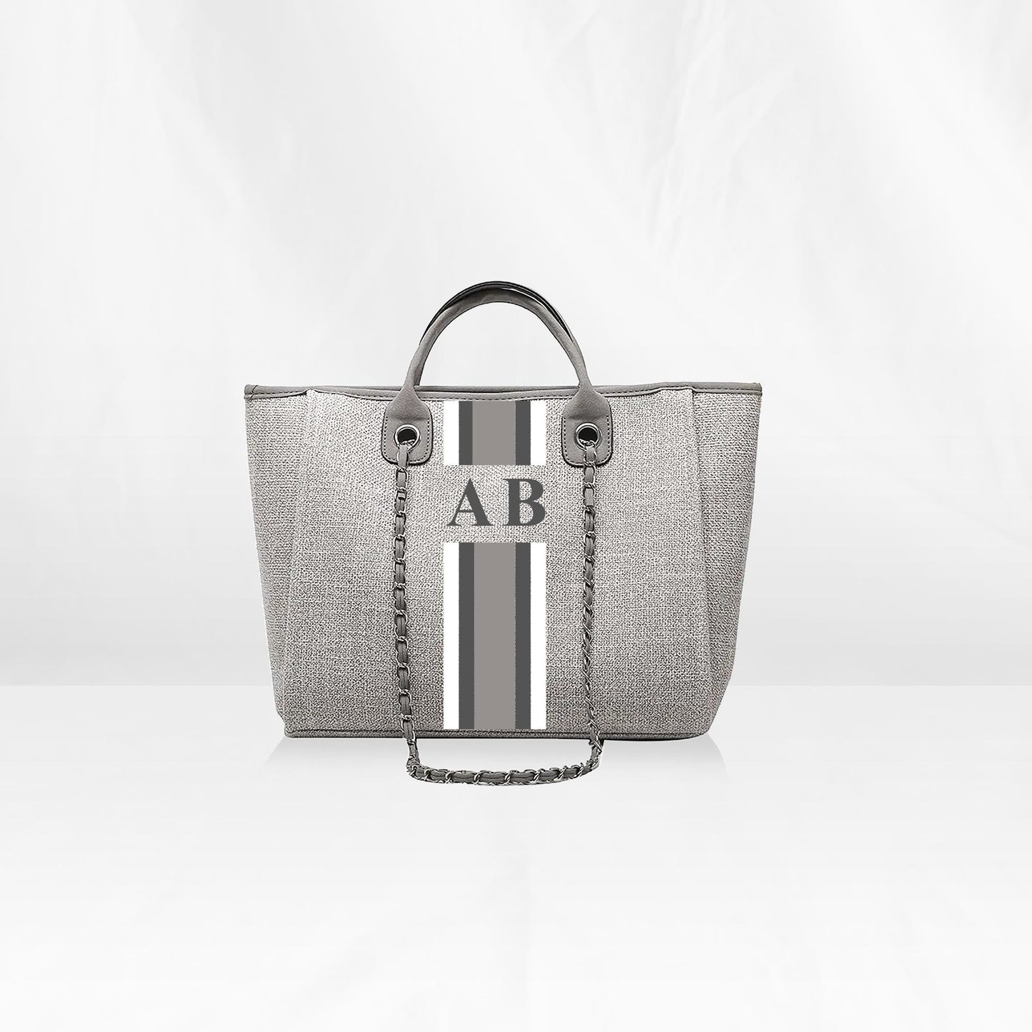 Grey Midi Canvas Tote with Light Grey, Dark Grey, White Stripes