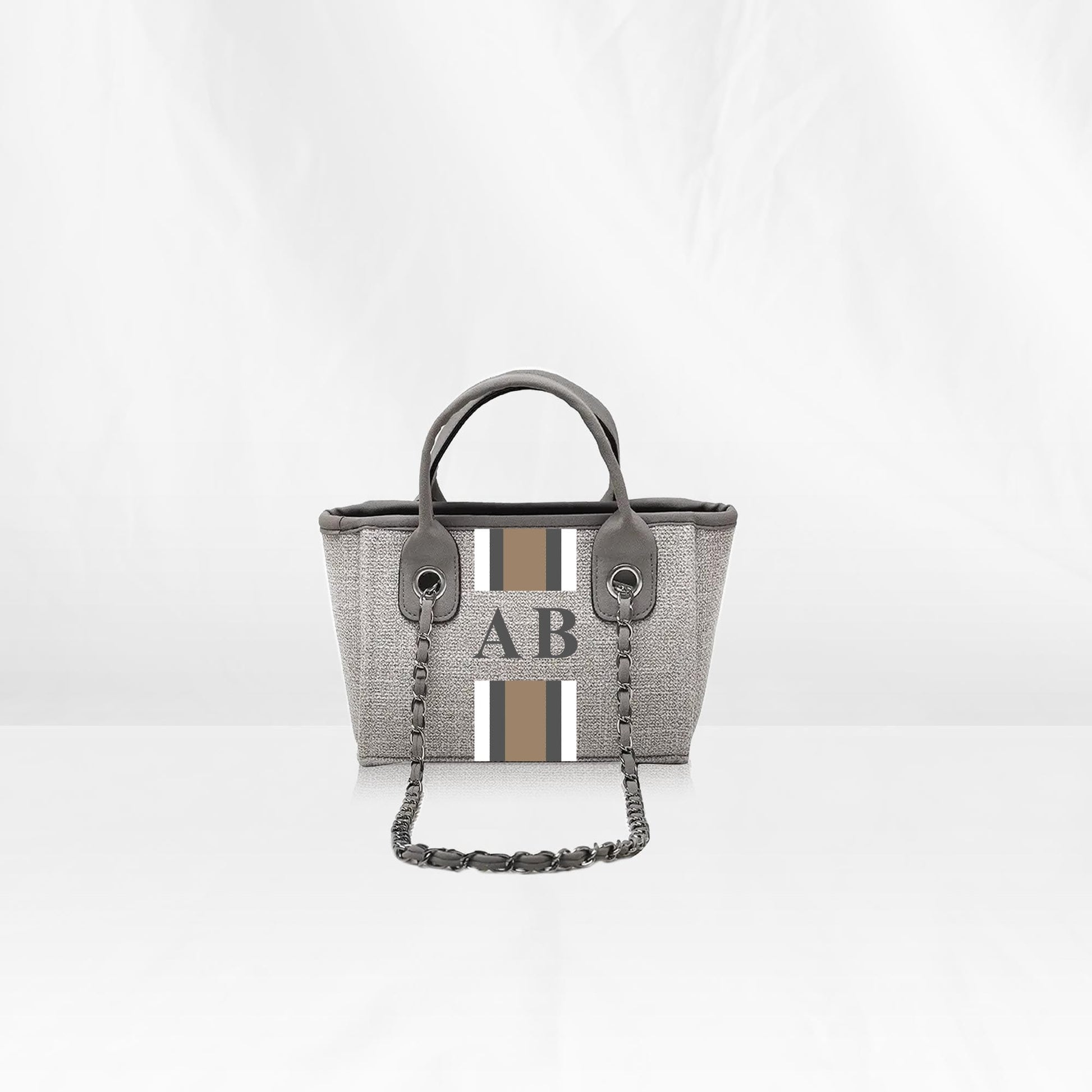 Grey Mini Canvas Tote with Beige, Grey, White Stripes