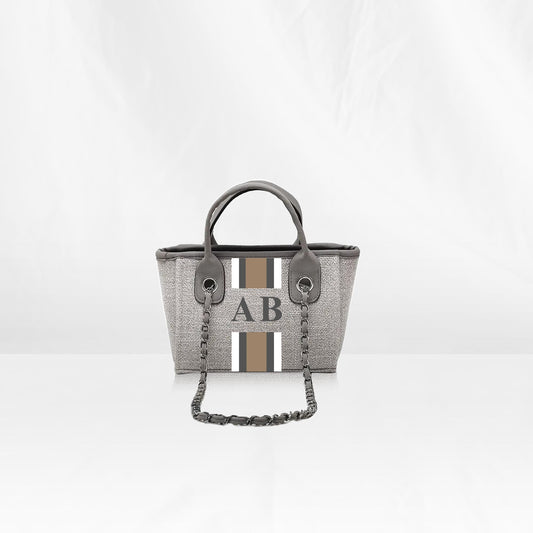 Grey Mini Canvas Tote with Beige, Grey, White Stripes