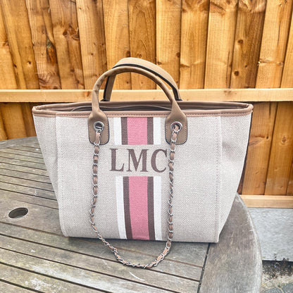 Beige Maxi Canvas Tote with Pink, Brown, White Stripes