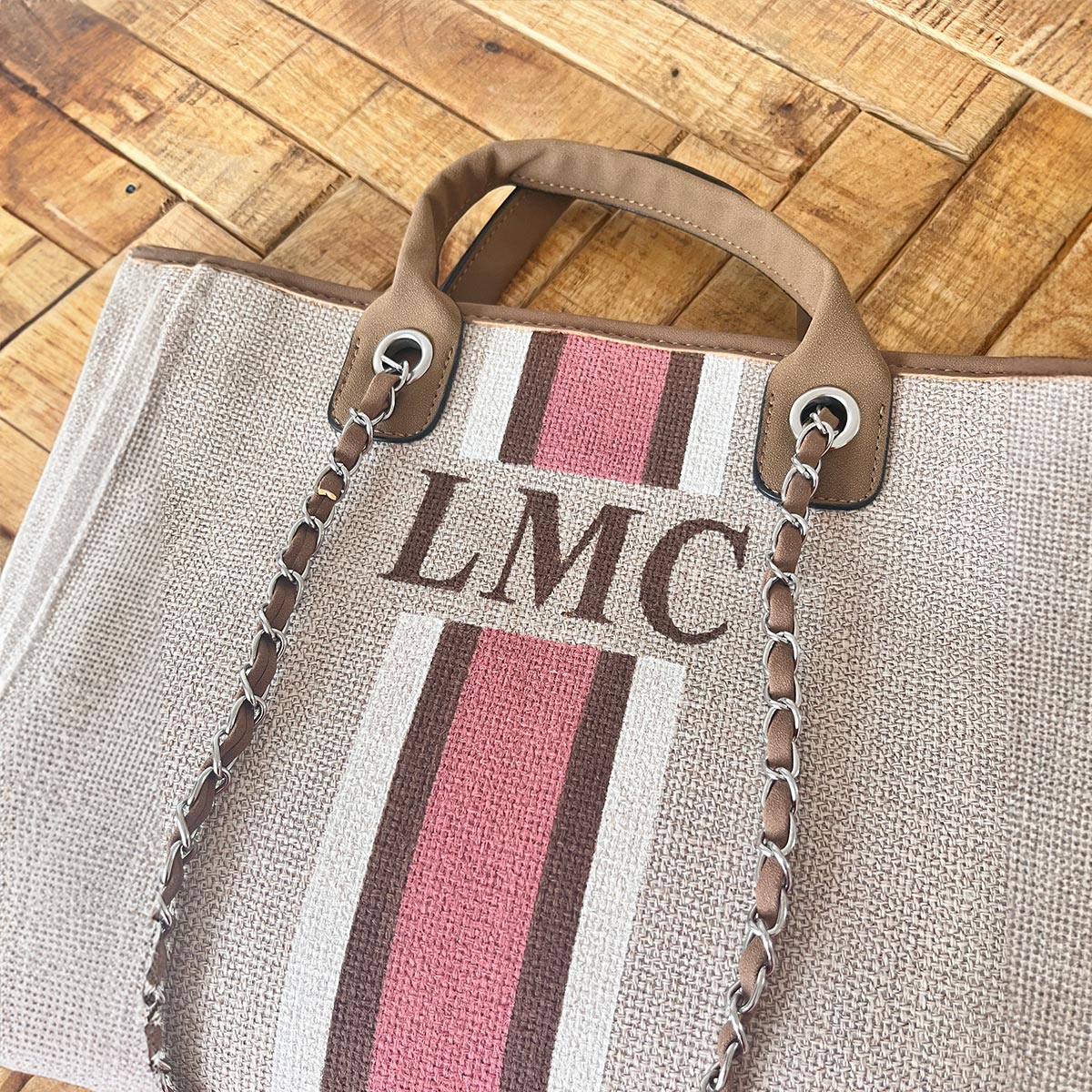 Beige Maxi Canvas Tote with Pink, Brown, White Stripes