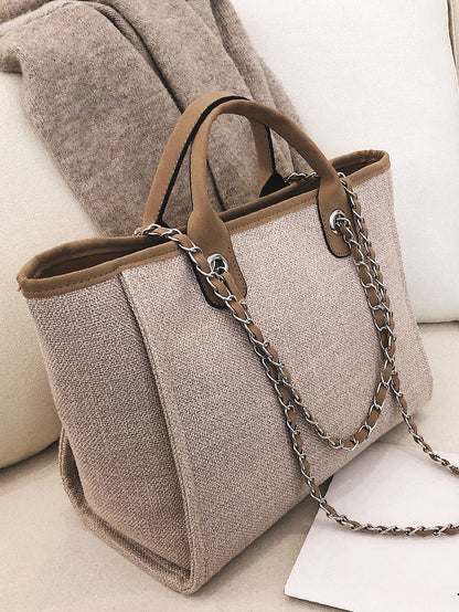 Beige Midi Canvas Tote with Brown, Grey, White Stripes