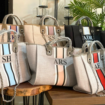 Grey Mini Canvas Tote with Beige, Grey, White Stripes