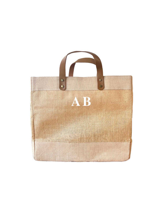 Natural Jute Market Bag with leather handles and small initials - Personalised Gift for Her