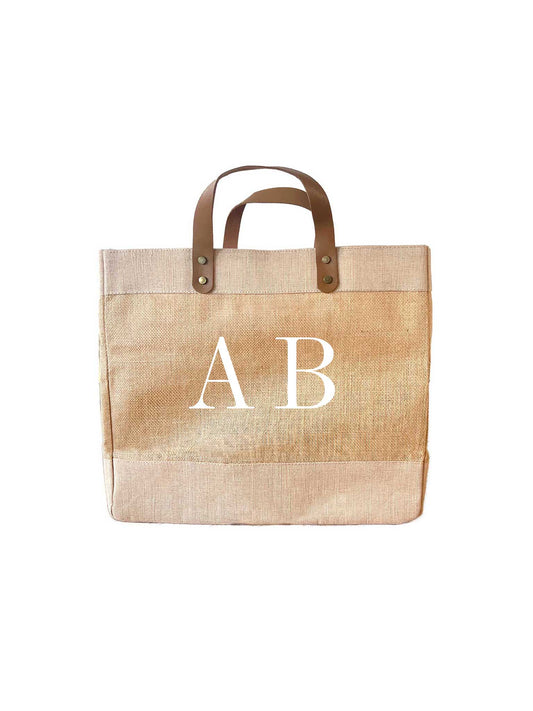 Natural Jute Market Bag with leather handles and big initials - Personalised Gift for Her