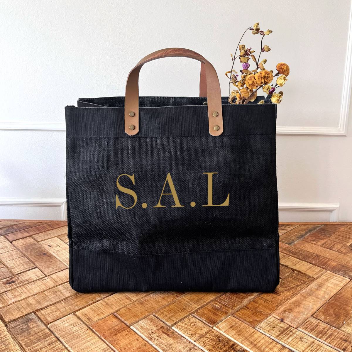 Black Jute Market Bag with leather handles and big initials - Personalised Gift for Her