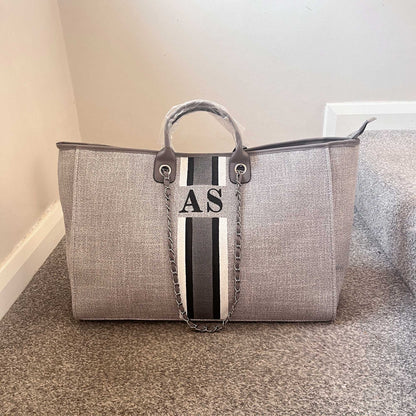 Grey Maxi Canvas Tote with Light Grey, Dark Grey, White Stripes