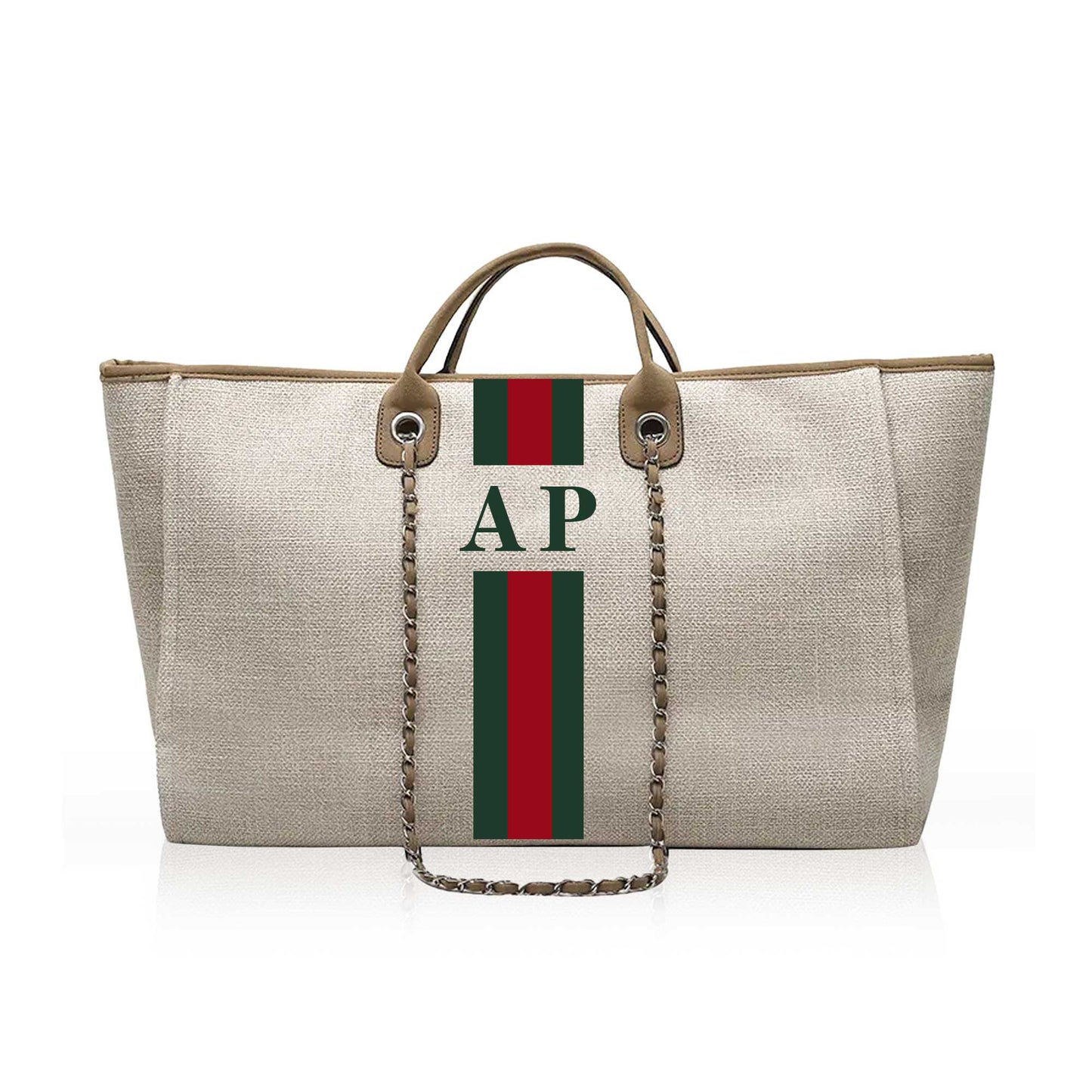 Personalised Beige Tote Bag with Gucci Stripes Purlee