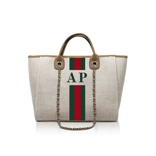 Personalised Beige Tote Bag with Gucci Stripes Purlee