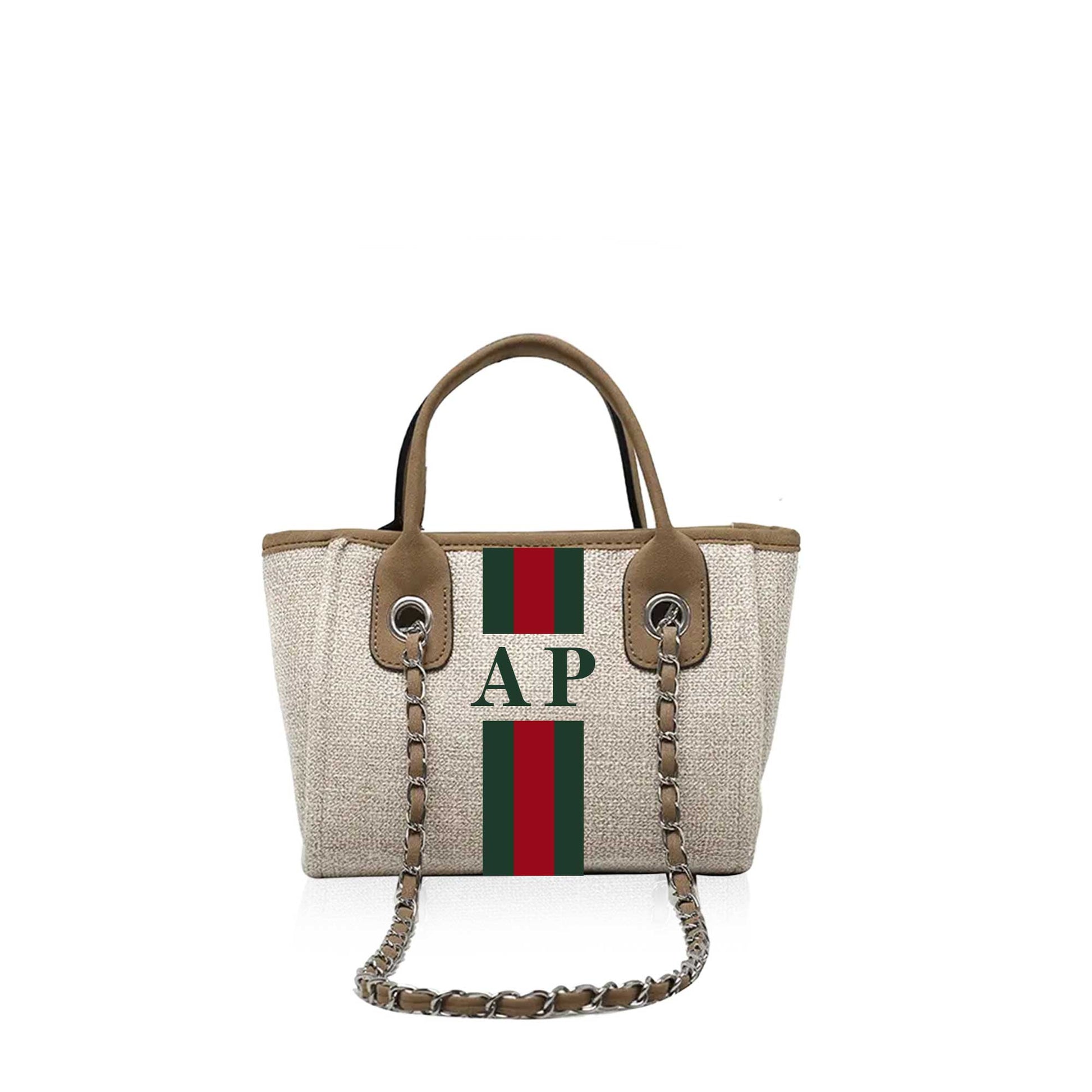 Personalised Beige Tote Bag with Gucci Stripes Purlee