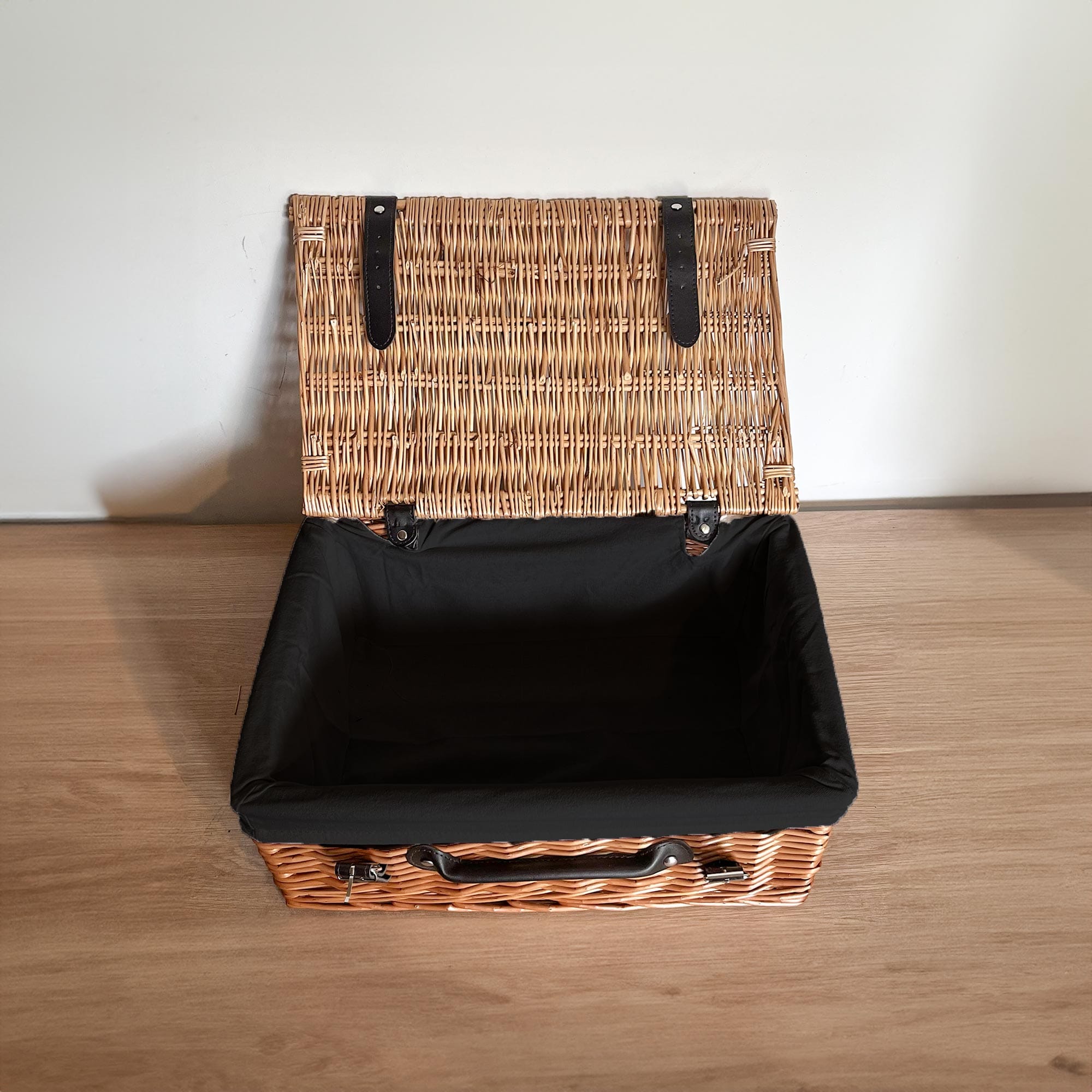 Branded Corporate Hamper for PR Gifts &amp; Events - Custom Wicker Basket with Black Cotton Liner