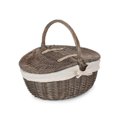 Antique Oval Picnic Basket With White Lining