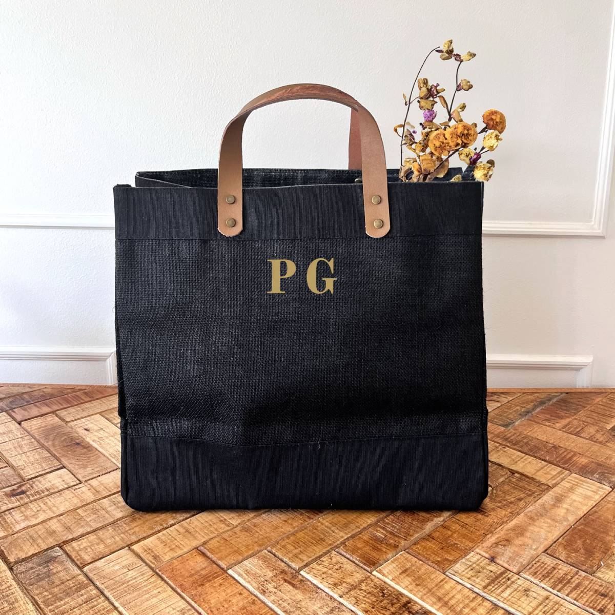 Black Jute Market Bag with leather handles and small initials - Personalised Gift for Her