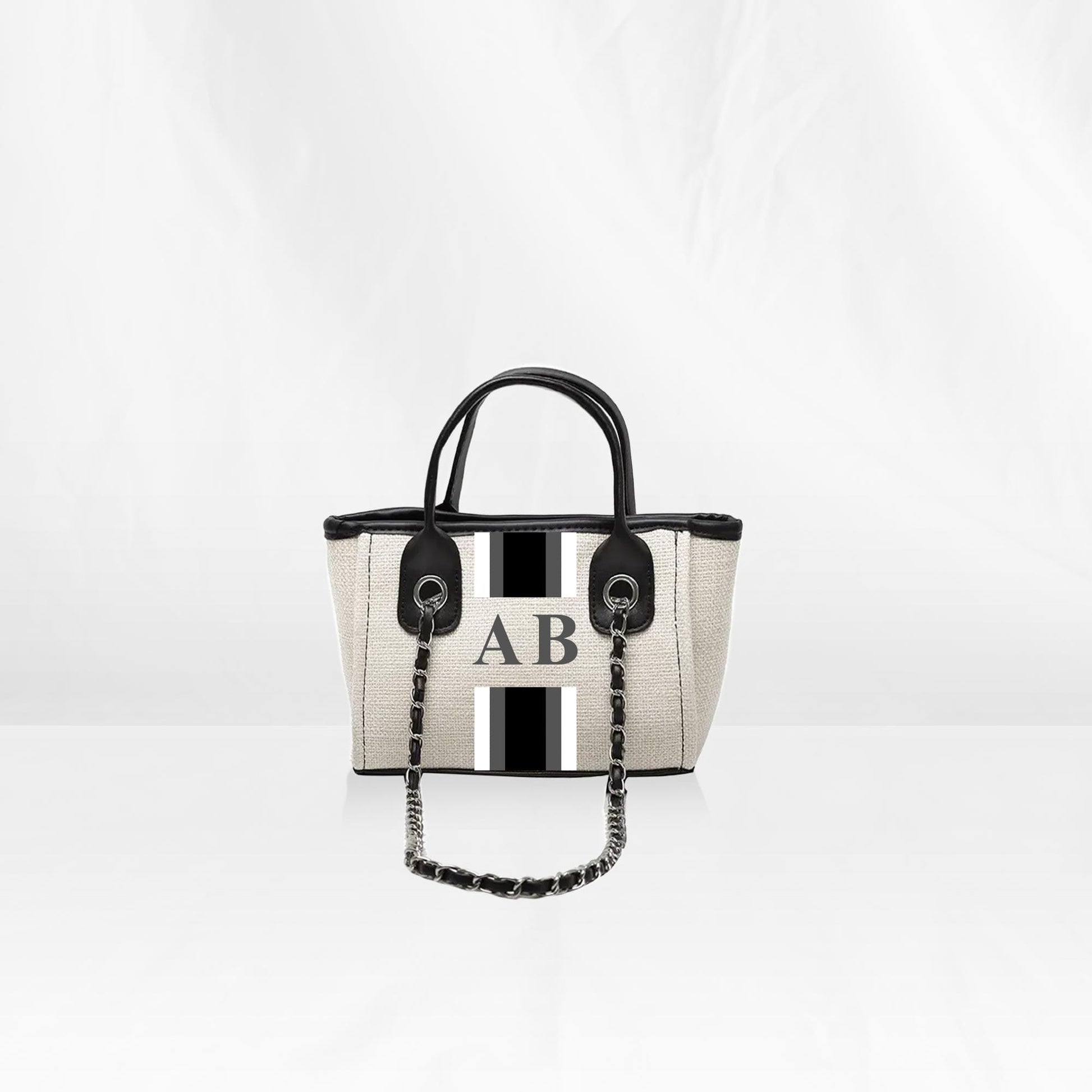 White Mini Canvas Tote with Black, Grey, White Stripes