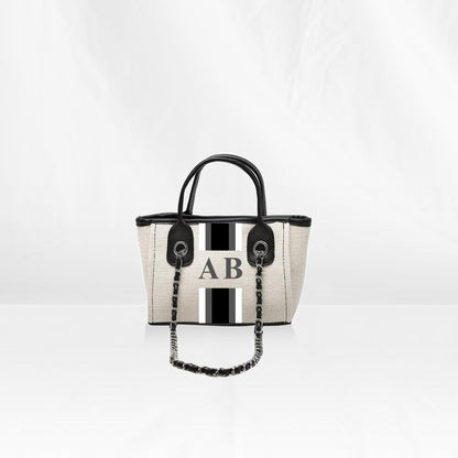 White Mini Canvas Tote with Black, Grey, White Stripes