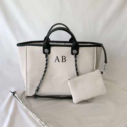 Personalised Luxe Black White Canvas Tote Shoulder Bag - Womens Handbag - Gift for Her - Deauville