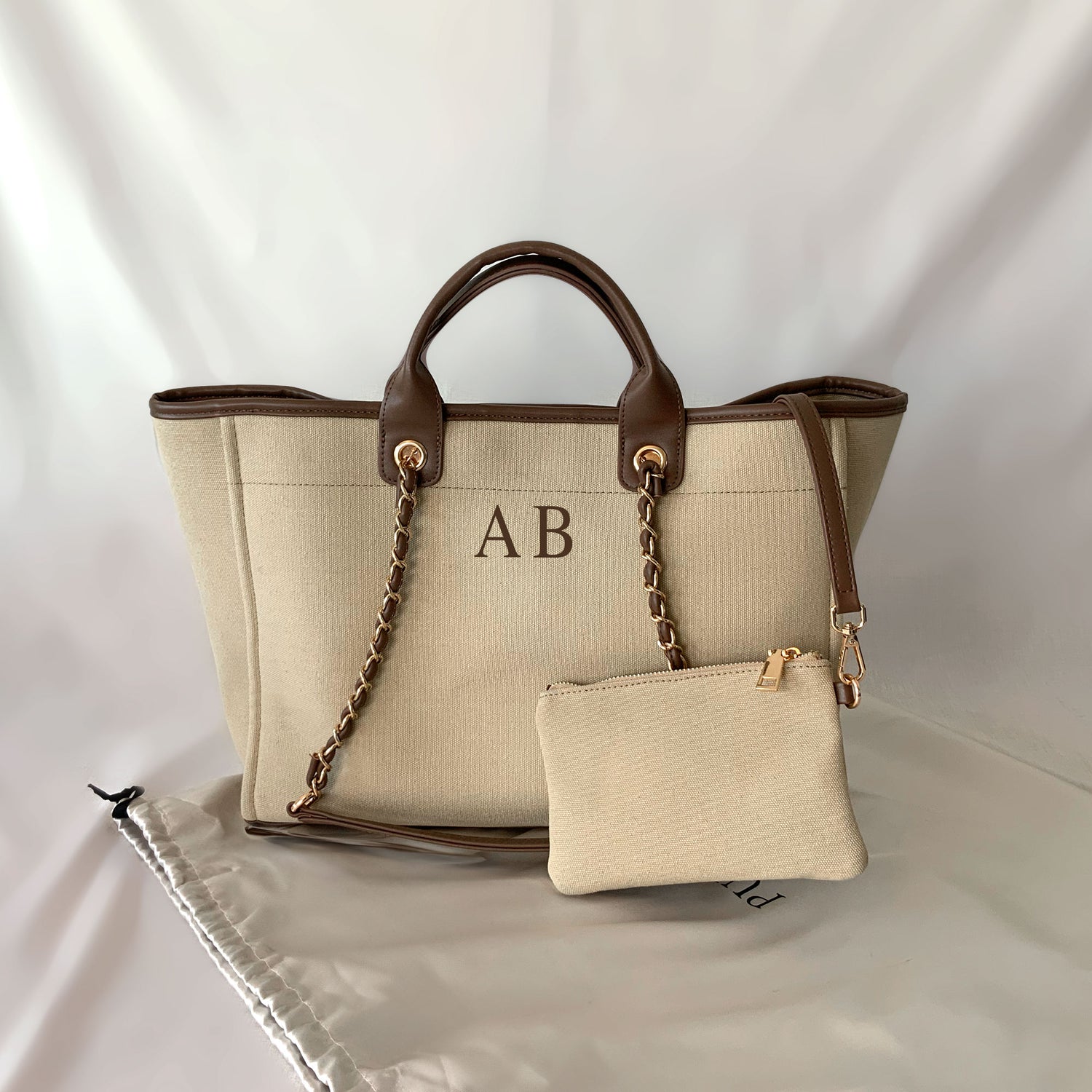 Personalised Luxe Beige Brown Canvas Tote Shoulder Bag - Womens Handbag - Gift for Her - Deauville Bag